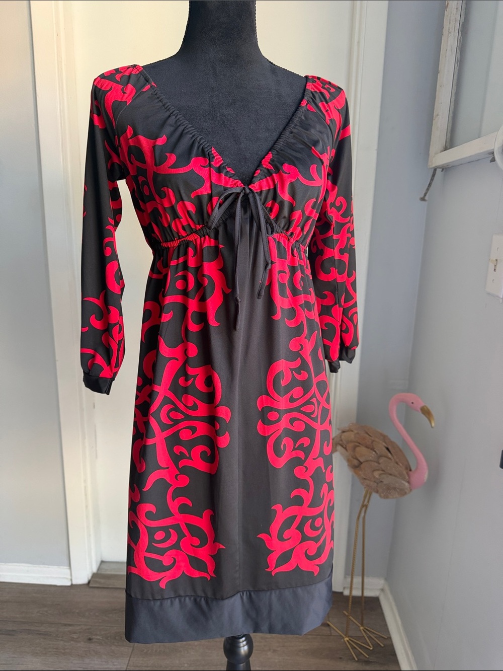 INC International Concepts Black Dress with Red Scroll Print size small